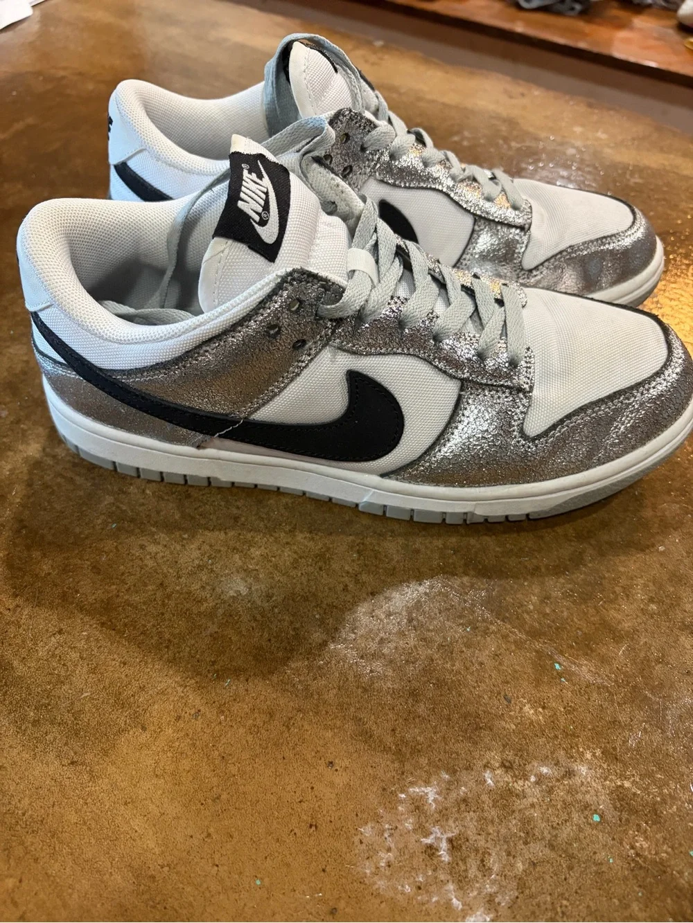 NIKE DUNKS  Silver Glitter Low-Top Sneakers with Black Swoosh, Good Condition